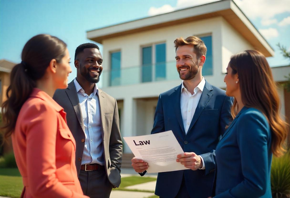 Équipe d’agents immobiliers AXO discutant devant une maison moderne, avec des documents en main.