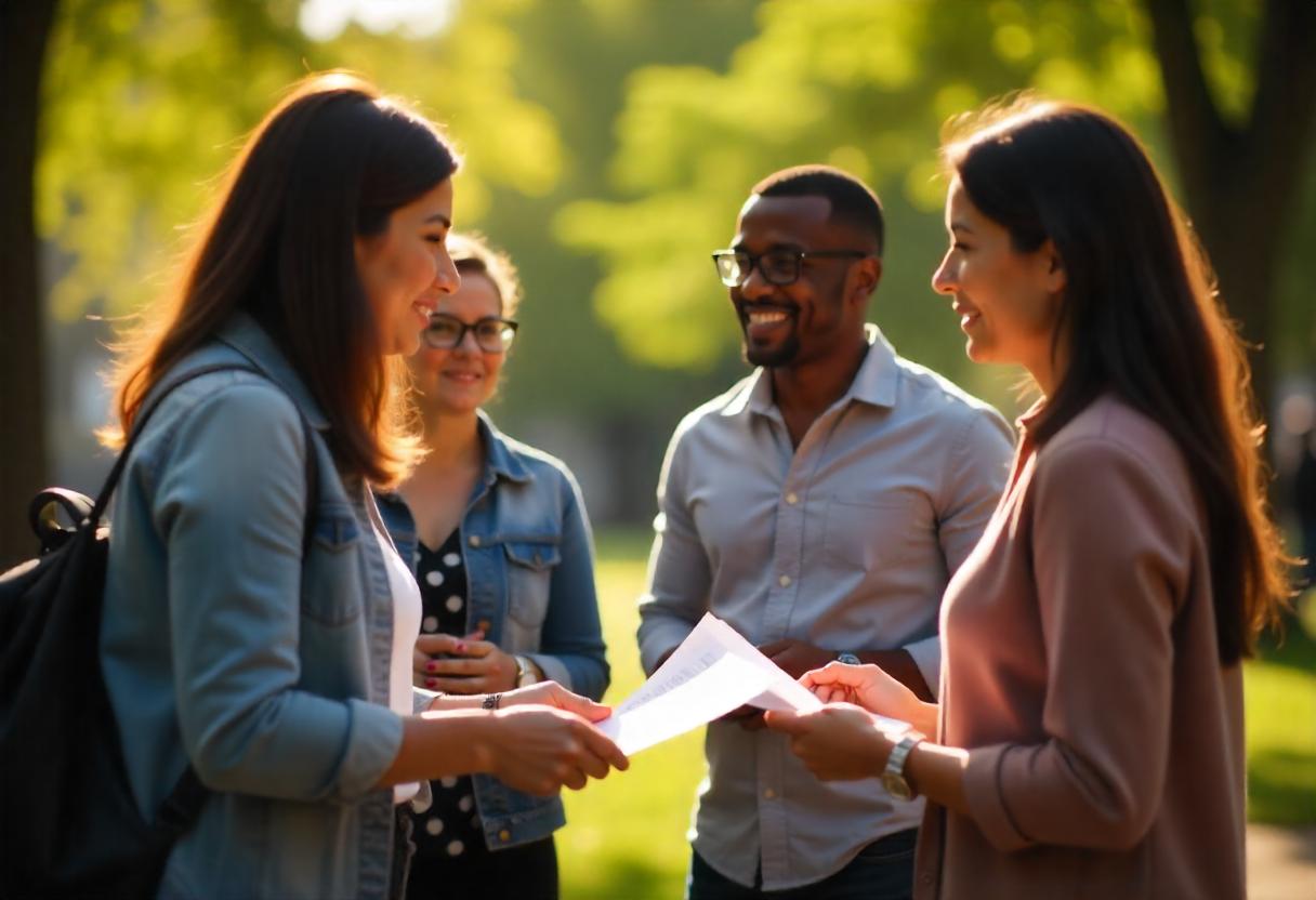 Groupe de professionnels d’AXO discutant de projets immobiliers en plein air, dans une ambiance conviviale.