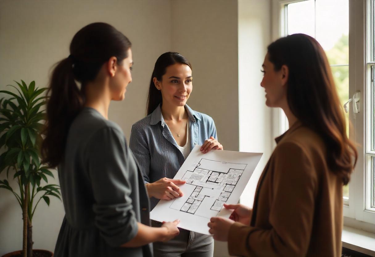 Une agente immobilière AXO présente un plan architectural à deux clientes dans une pièce lumineuse.