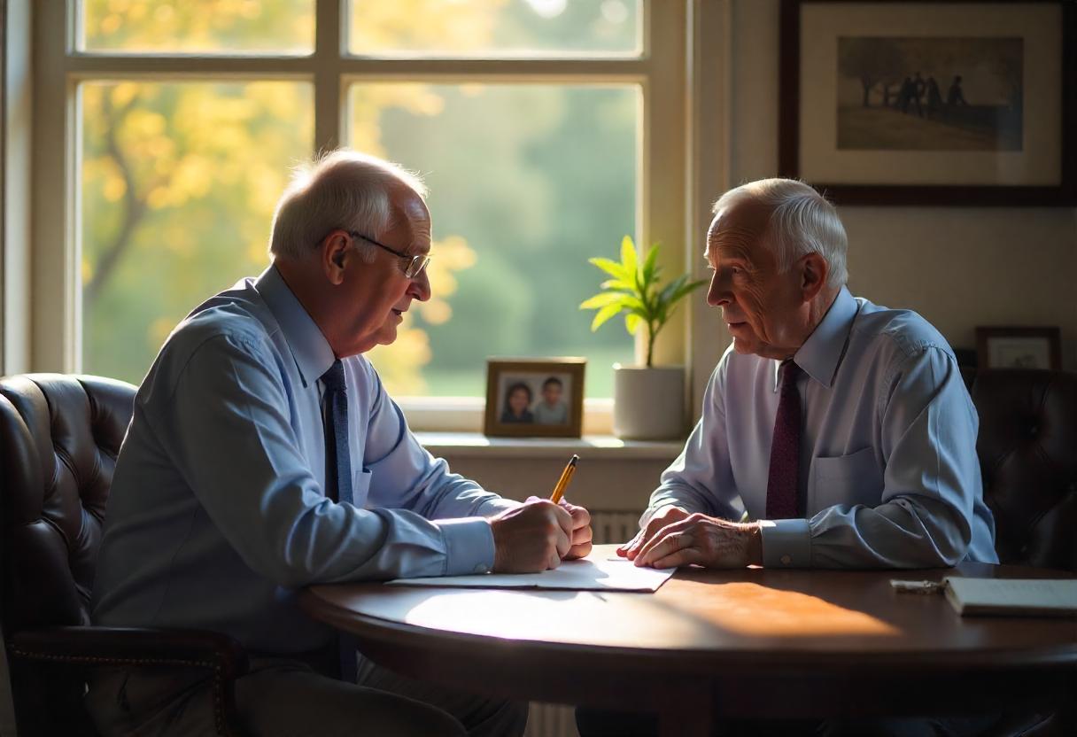 Deux hommes d'affaires seniors discutant autour d'une table, symbolisant une réunion professionnelle sur la requalification d'une SCI familiale en SCI professionnelle.