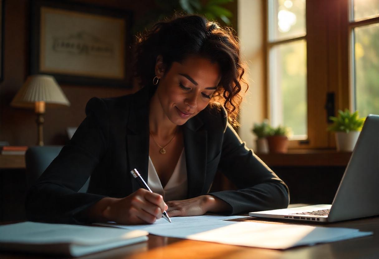 Femme professionnelle rédigeant un document dans un bureau lumineux, illustrant la gestion d’un bail après expiration d’un bail dérogatoire.