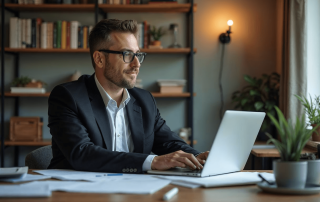 Agent immobilier en costume travaillant sur un ordinateur portable dans un bureau à domicile.