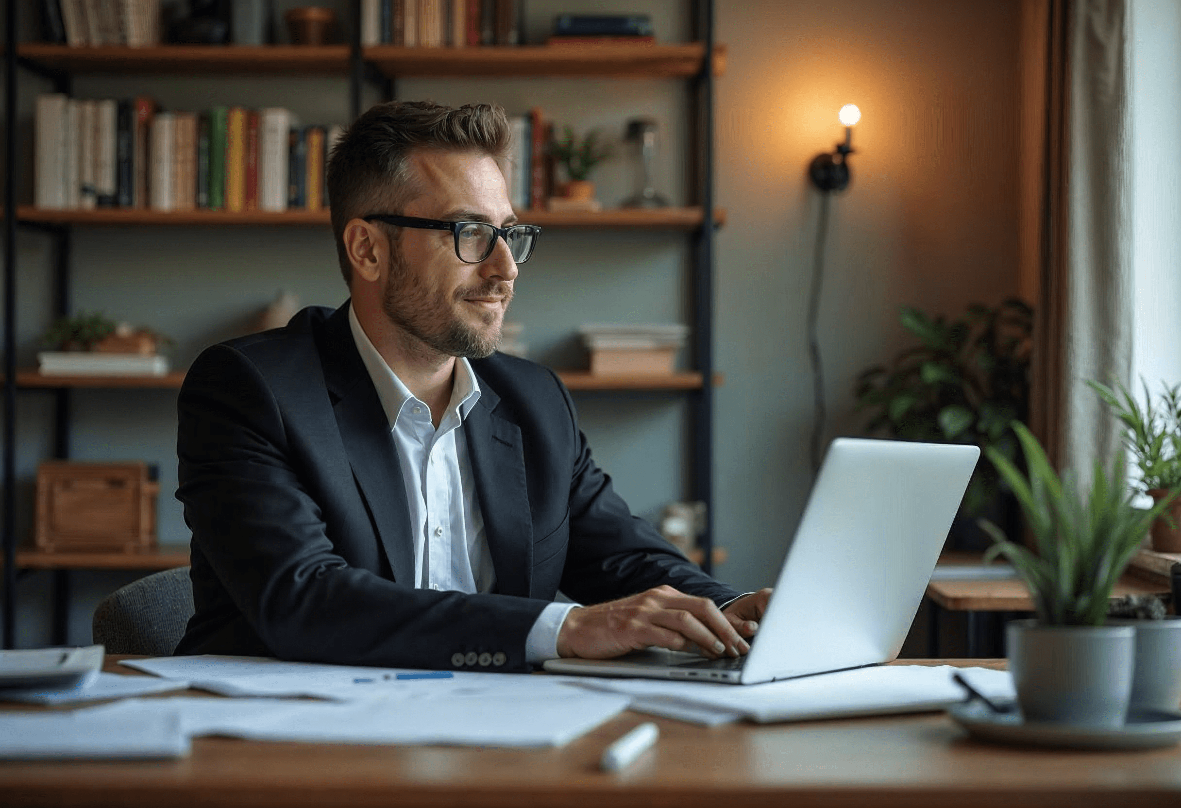 Agent immobilier en costume travaillant sur un ordinateur portable dans un bureau à domicile.