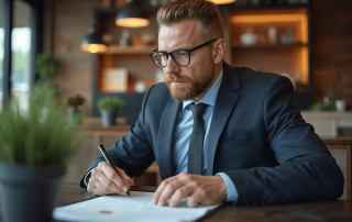 Agent immobilier en costume signant un document officiel dans un bureau