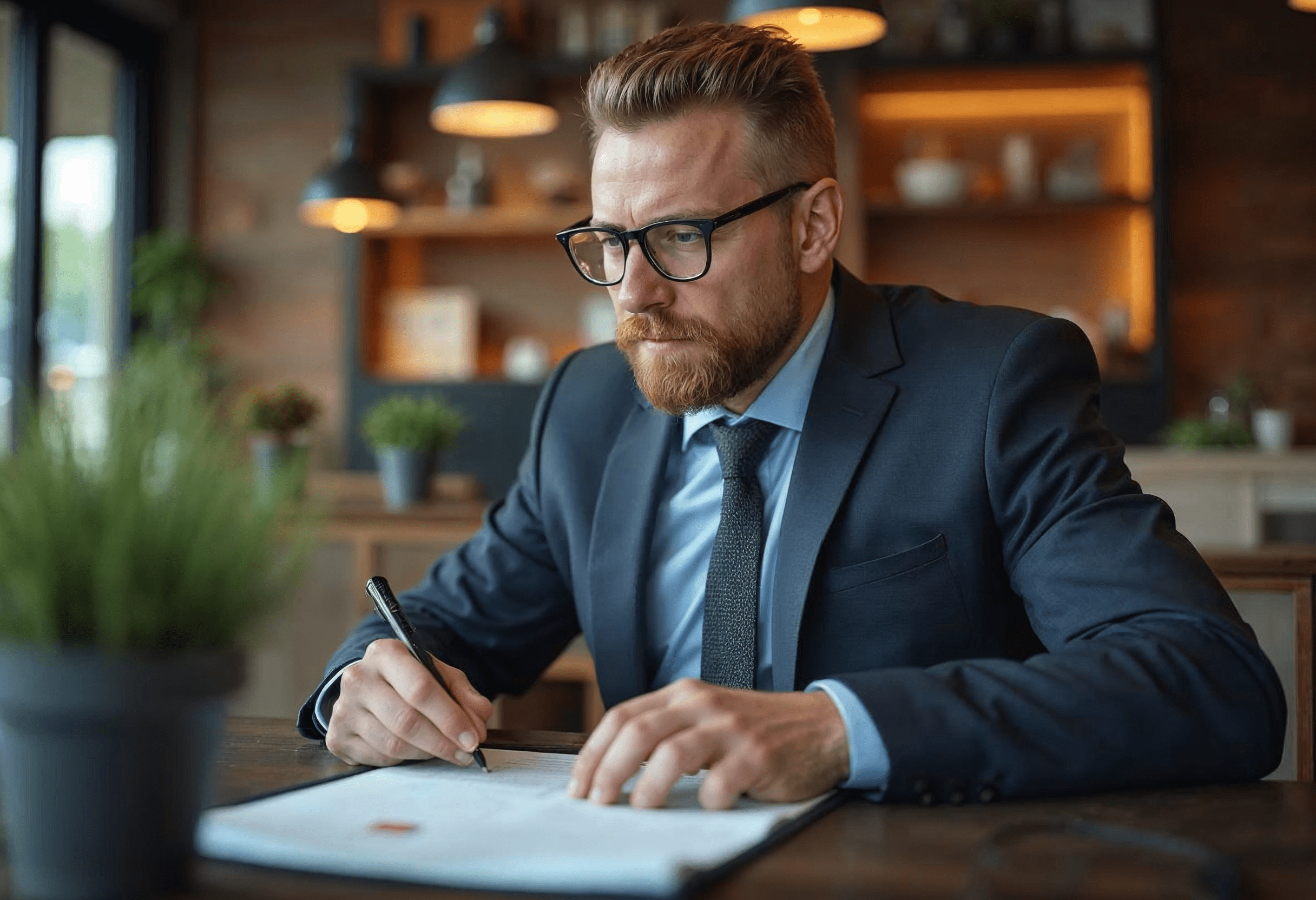 Agent immobilier en costume signant un document officiel dans un bureau