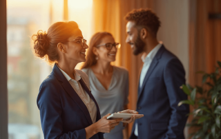 Trois professionnels en discussion lors d’une réunion informelle dans un bureau lumineux.