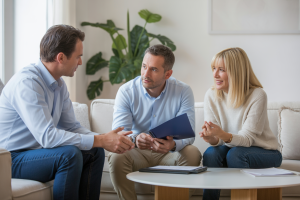 Agent immobilier en rendez-vous chez des vendeurs pour estimer un bien et préparer un mandat de vente