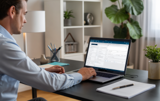 Agent immobilier indépendant travaillant sur ordinateur depuis son domicile et analysant ses dossiers clients