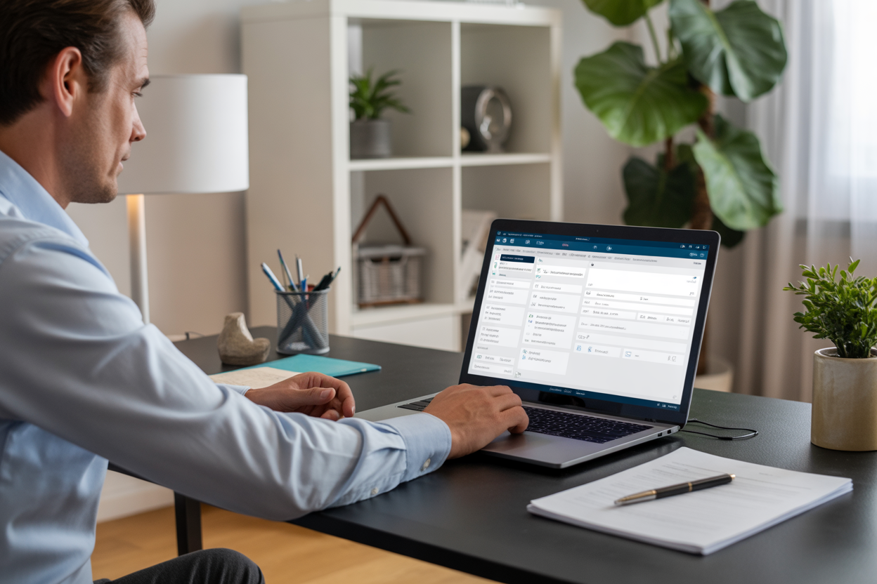 Agent immobilier indépendant travaillant sur ordinateur depuis son domicile et analysant ses dossiers clients