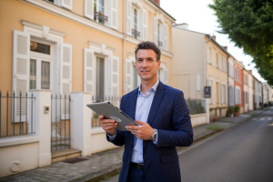 Agent immobilier rencontrant des propriétaires pour estimer un bien avant signature du mandat