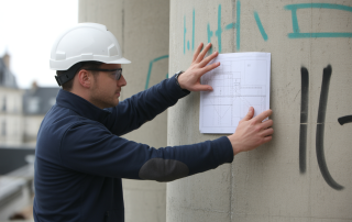 Inspecteur vérifiant la non-conformité parasismique d’un bâtiment pour évaluer le risque et l’impropriété à destination