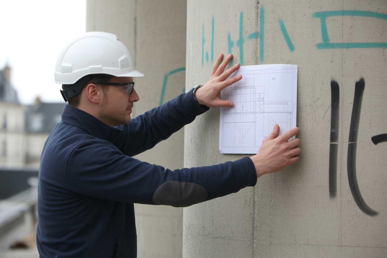 Inspecteur vérifiant la non-conformité parasismique d’un bâtiment pour évaluer le risque et l’impropriété à destination