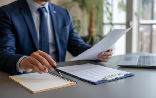 Client contestant des frais d’agence immobilière en analysant un contrat et des factures avec un conseiller