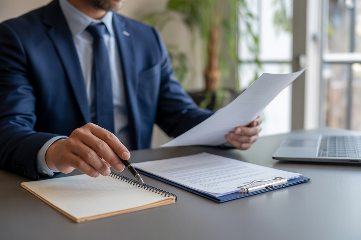 Client contestant des frais d’agence immobilière en analysant un contrat et des factures avec un conseiller