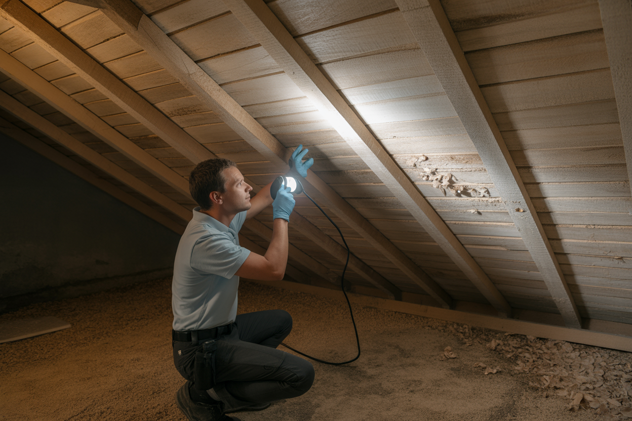 Inspection d’une charpente infestée de champignons lignivores après un diagnostic immobilier négatif aux termites