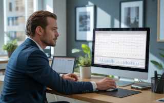 Agent immobilier analysant la visibilité de ses annonces sur un portail immobilier depuis son ordinateur au bureau