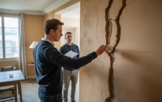 Acquéreur inspectant des fissures et malfaçons dans une maison vendue après travaux réalisés par le vendeur