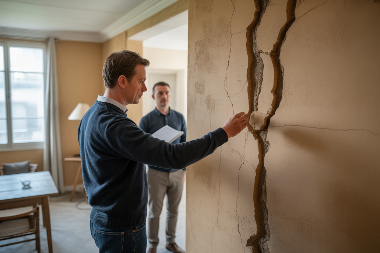 Acquéreur inspectant des fissures et malfaçons dans une maison vendue après travaux réalisés par le vendeur