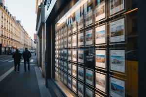 Vitrine moderne d’agence immobilière avec annonces rétroéclairées pour renforcer la visibilité