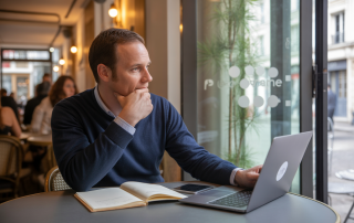 Agent immobilier réfléchissant à changer de réseau en analysant différentes options