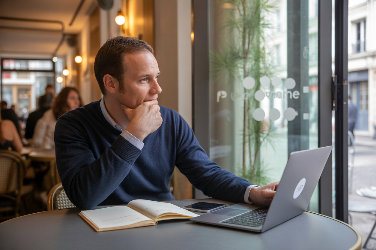 Agent immobilier réfléchissant à changer de réseau en analysant différentes options