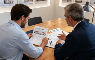 Acheteur et vendeur discutant d’un acte de vente immobilière avec avis de taxe foncière sur la table