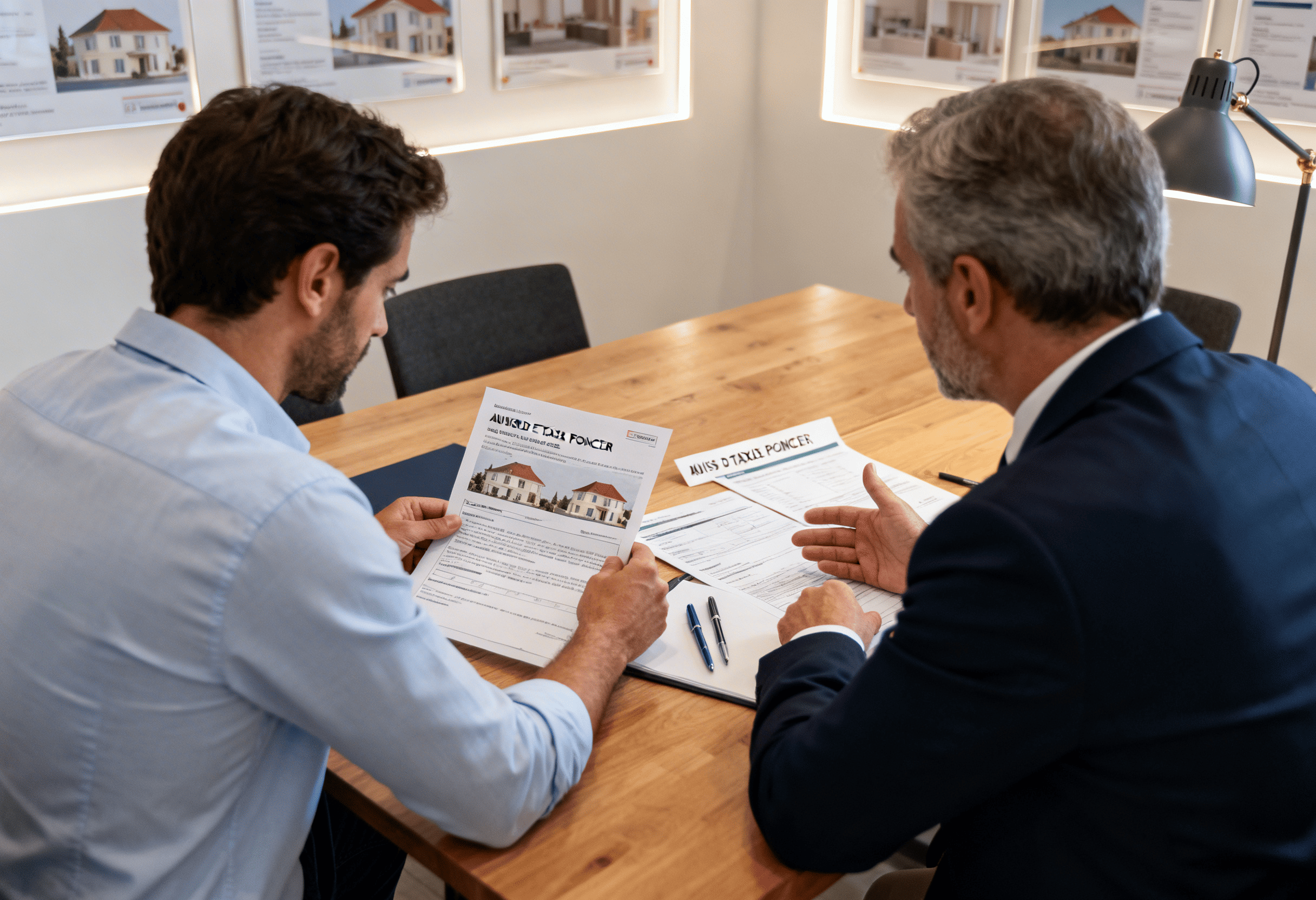 Acheteur et vendeur discutant d’un acte de vente immobilière avec avis de taxe foncière sur la table