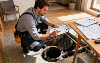 Inspecteur vérifiant un système d’assainissement avec documents techniques de vente immobilière sur une table