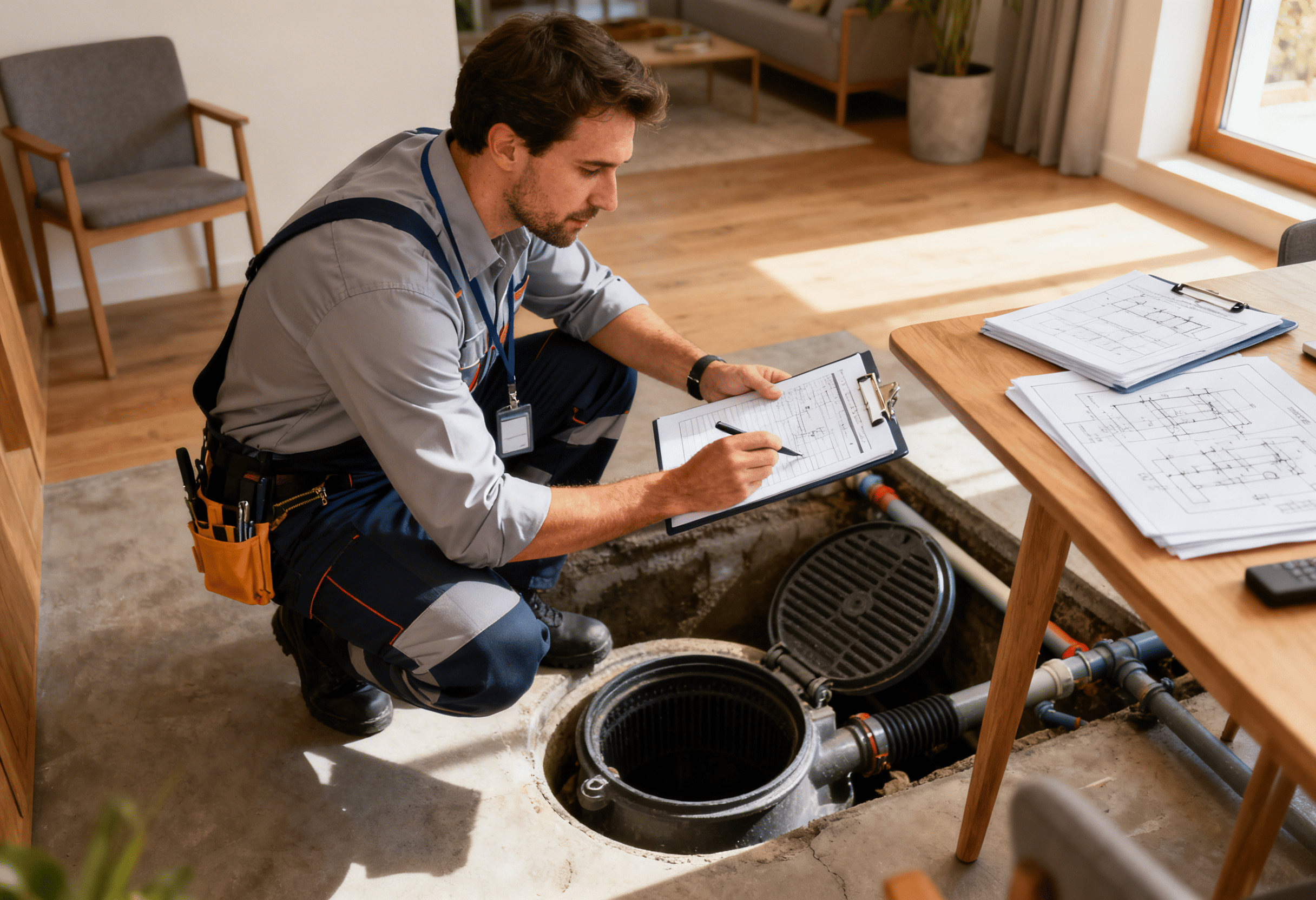 Inspecteur vérifiant un système d’assainissement avec documents techniques de vente immobilière sur une table