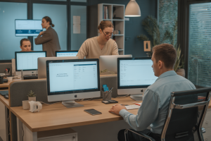 Agents immobiliers utilisant des outils digitaux et CRM dans un réseau immobilier moderne