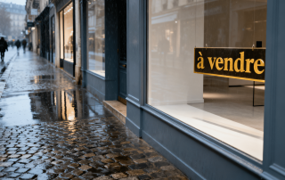 Local commercial avec panneau à vendre en centre-ville