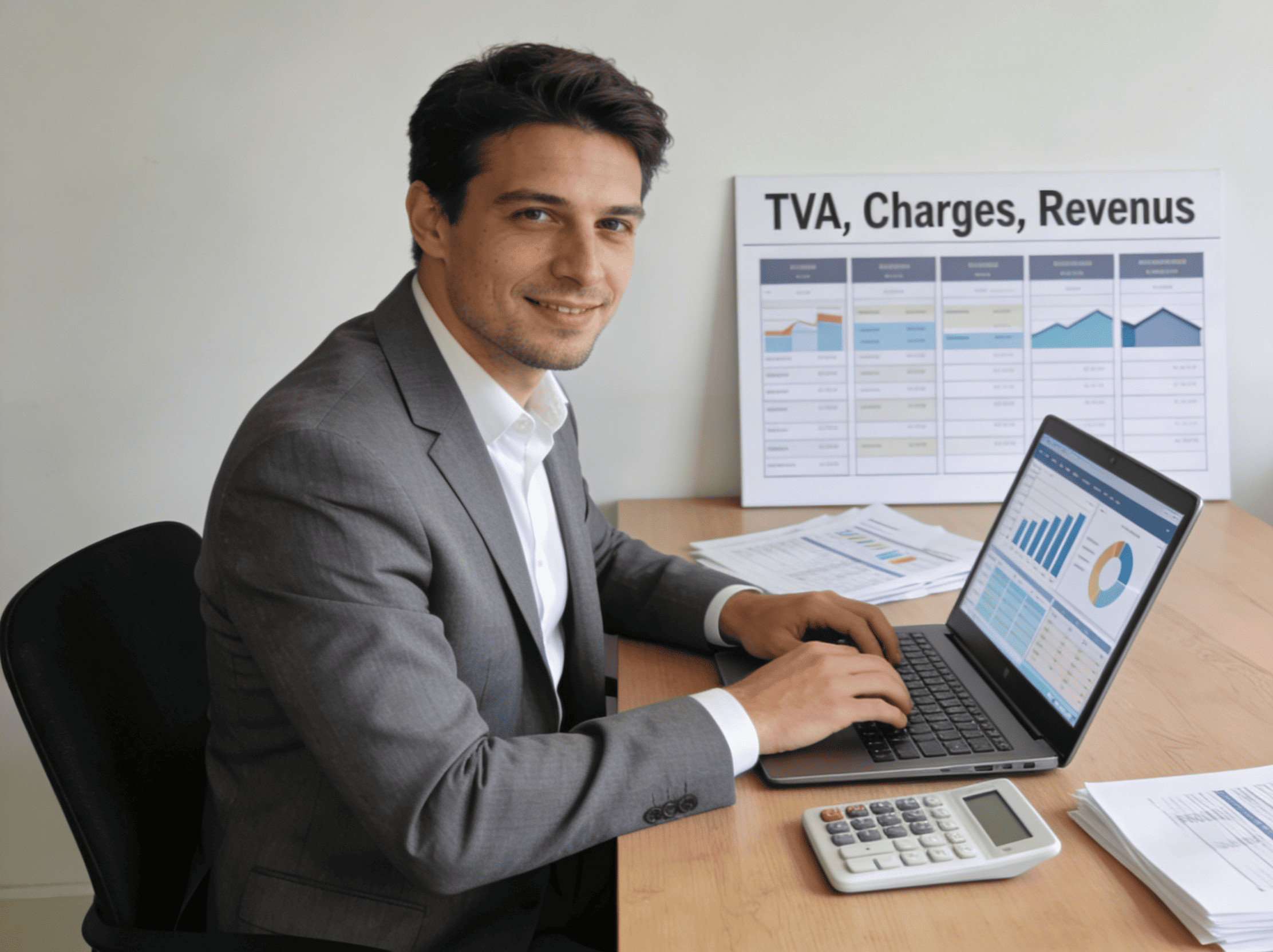 Conseiller immobilier calculant la TVA et ses charges professionnelles
