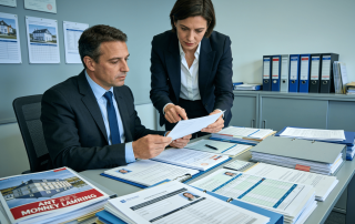 Contrôle TRACFIN d’un mandataire immobilier indépendant vérifiant les documents de conformité LCB-FT et les dossiers clients.