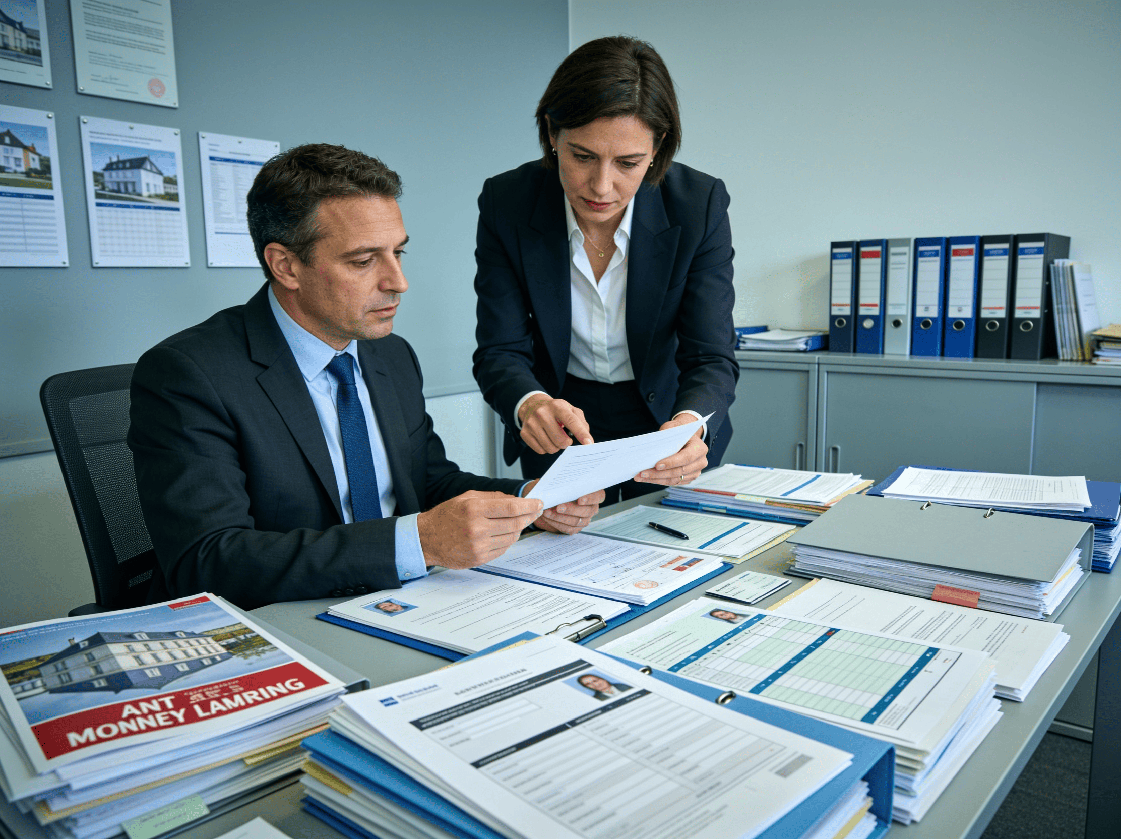 Contrôle TRACFIN d’un mandataire immobilier indépendant vérifiant les documents de conformité LCB-FT et les dossiers clients.