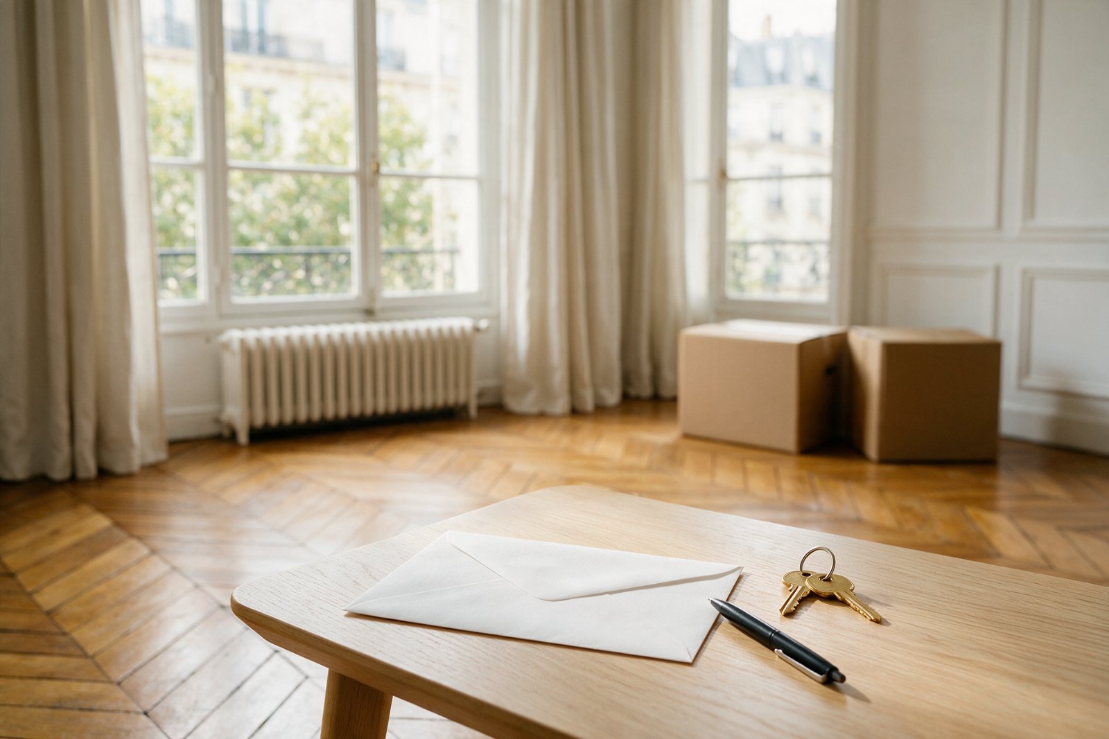 Enveloppe de congé pour vente et clés posées sur une table dans un appartement vide